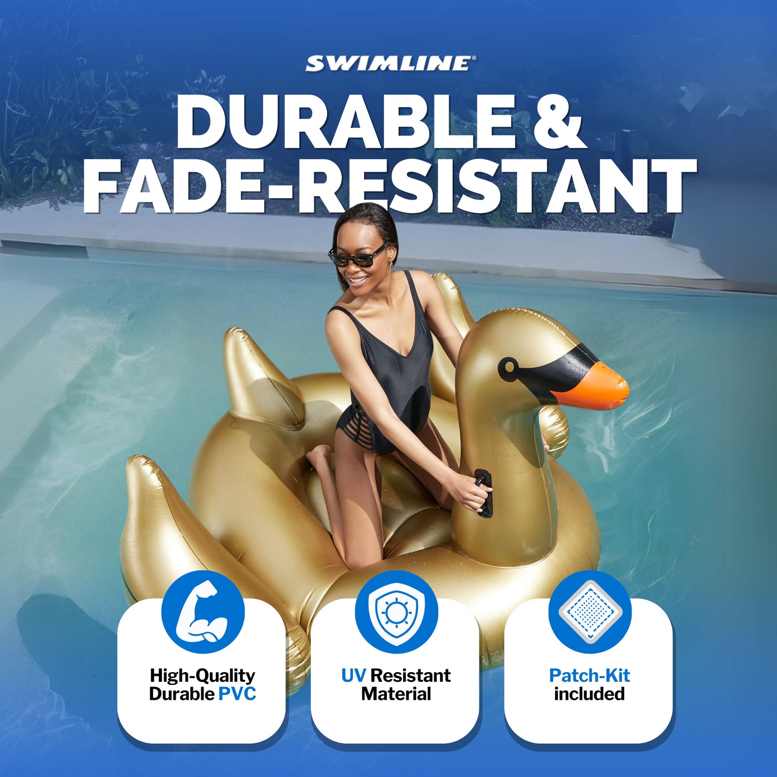 Swimline 90701 Giant 78" Inflatable Golden Swan Ride-On Pool Float Raft, Gold - VMInnovations