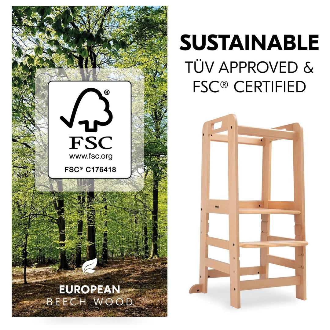 Hauck Learn N Explore Montessori Toddler Tower, Wooden Kitchen Stool, Natural