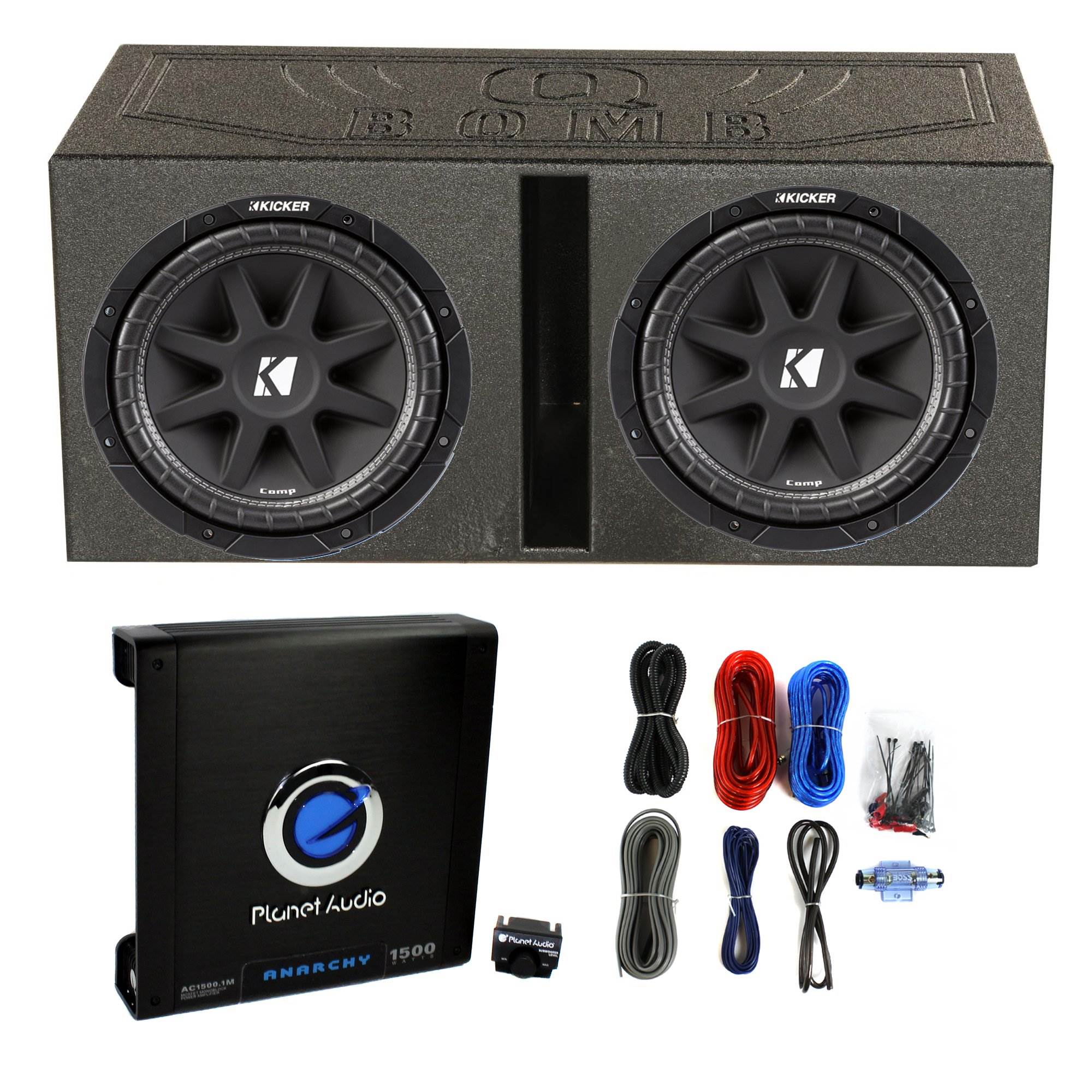 2) Kicker 43C124 600W 12" Subwoofers, Vented Lined Box Enclosure, Amp, and Wires
