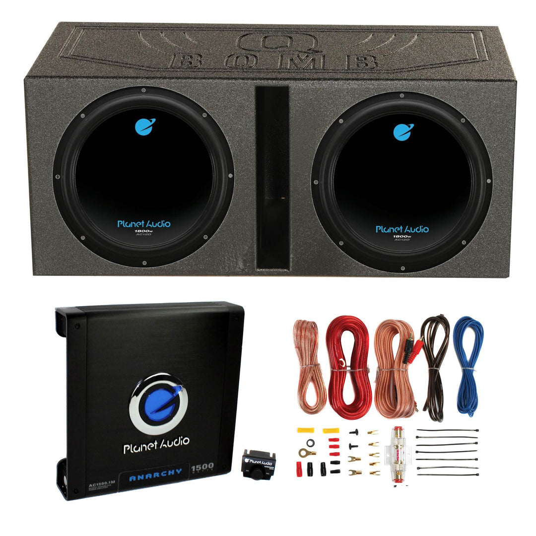 2) Planet Audio 12" 1800W Subwoofers + Vented Lined Box Enclosure + Amp + Wire