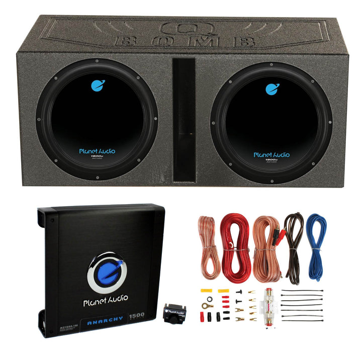 2) Planet Audio 12" 1800W Subwoofers + Vented Lined Box Enclosure + Amp + Wire