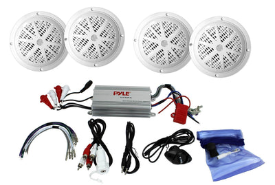 Pyle 4 Channel Marine MP3/iPod Amplifier Amp (4 Pack) 6.5" Waterproof Speakers