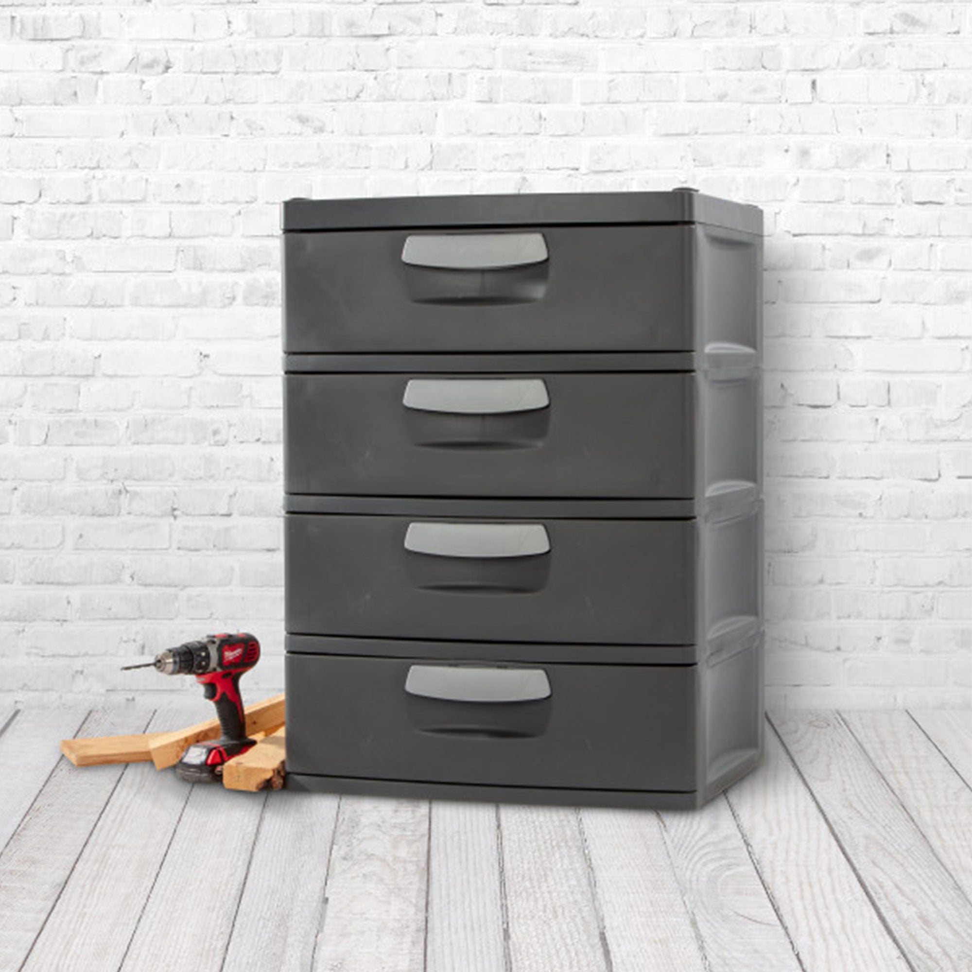Sterilite 4-Drawer Heavy-Duty Gray Storage Unit With Black Handles (4 Pack)