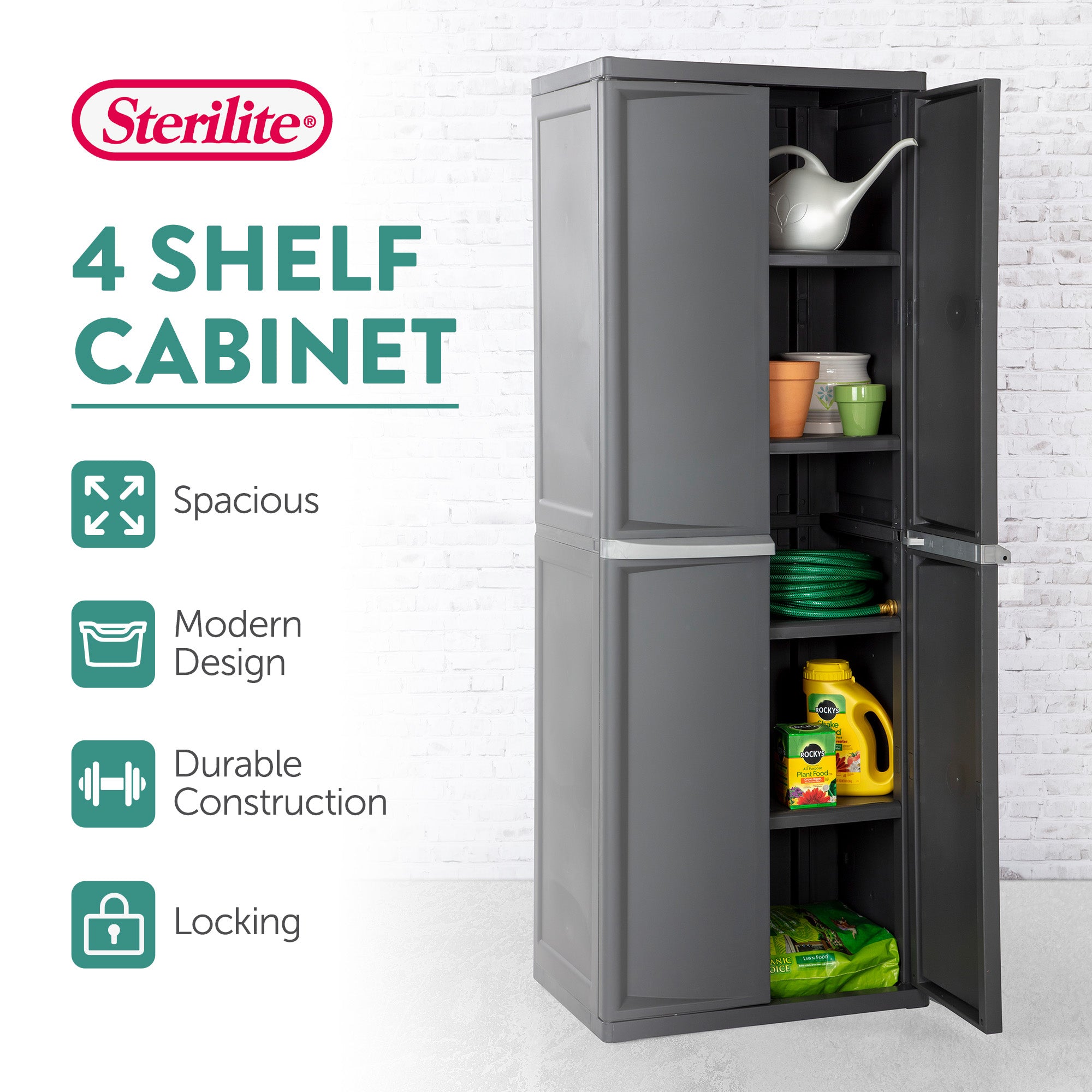 Sterilite 4 Shelf Plastic Storage Unit & Garage & Pantry Storage Cabinet, Gray