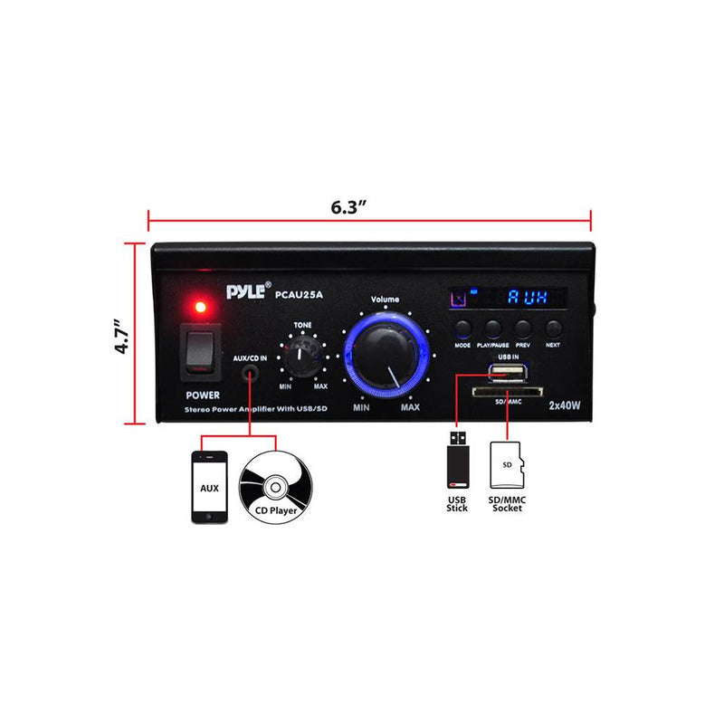 Pyle Mini 2 x 40W Stereo Power Amplifier + USB/SD/AUX/LED Display (For Parts)