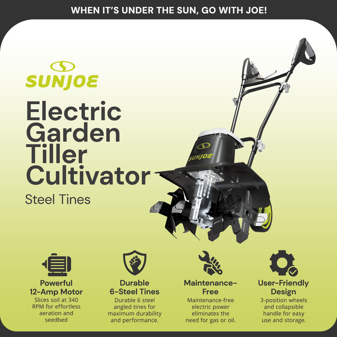 Sun Joe Electric Garden Tiller Cultivator, Steel, 12 Amp, 16", Black (For Parts)