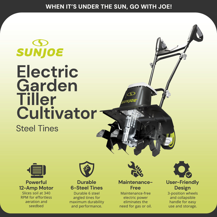 Sun Joe Electric Tiller Cultivator, Steel Tines, 12 Amp, 16", Black (Used)