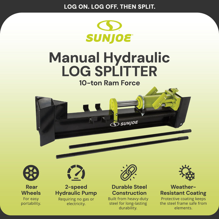 Sun Joe Hydraulic Steel Beam Log Splitter, 10 Ton Capacity, Green (Open Box)