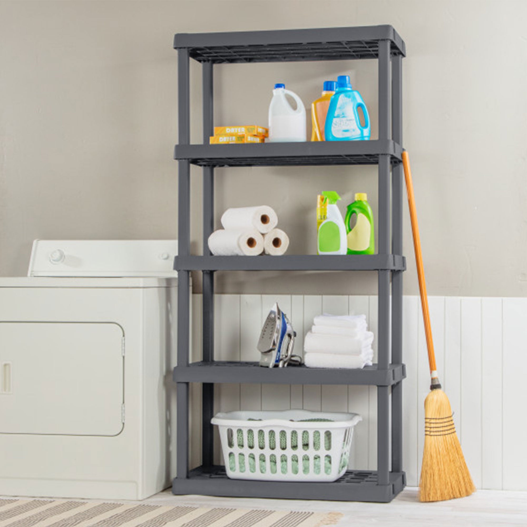 Sterilite 5 Shelf Plastic Storage Unit & Garage & Pantry Storage Cabinet, Gray