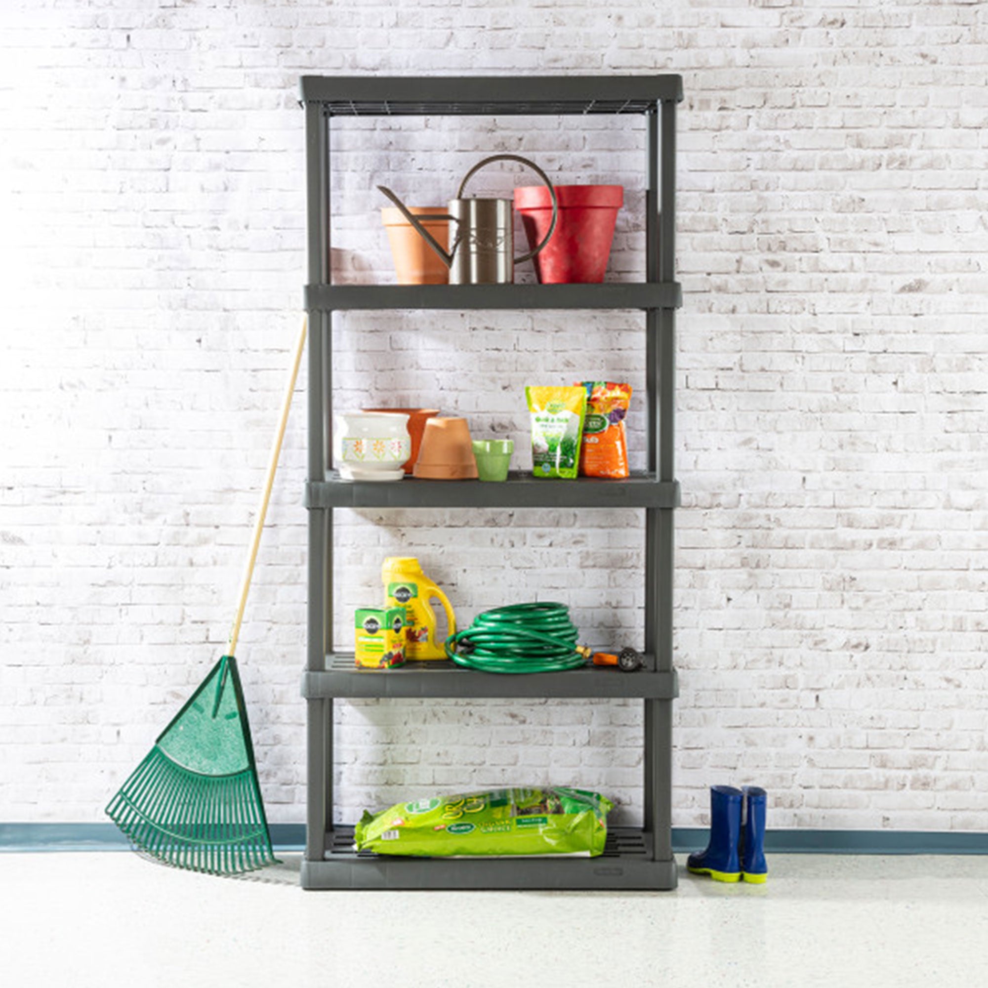 Sterilite 5 Shelf Plastic Storage Unit & Garage & Pantry Storage Cabinet, Gray