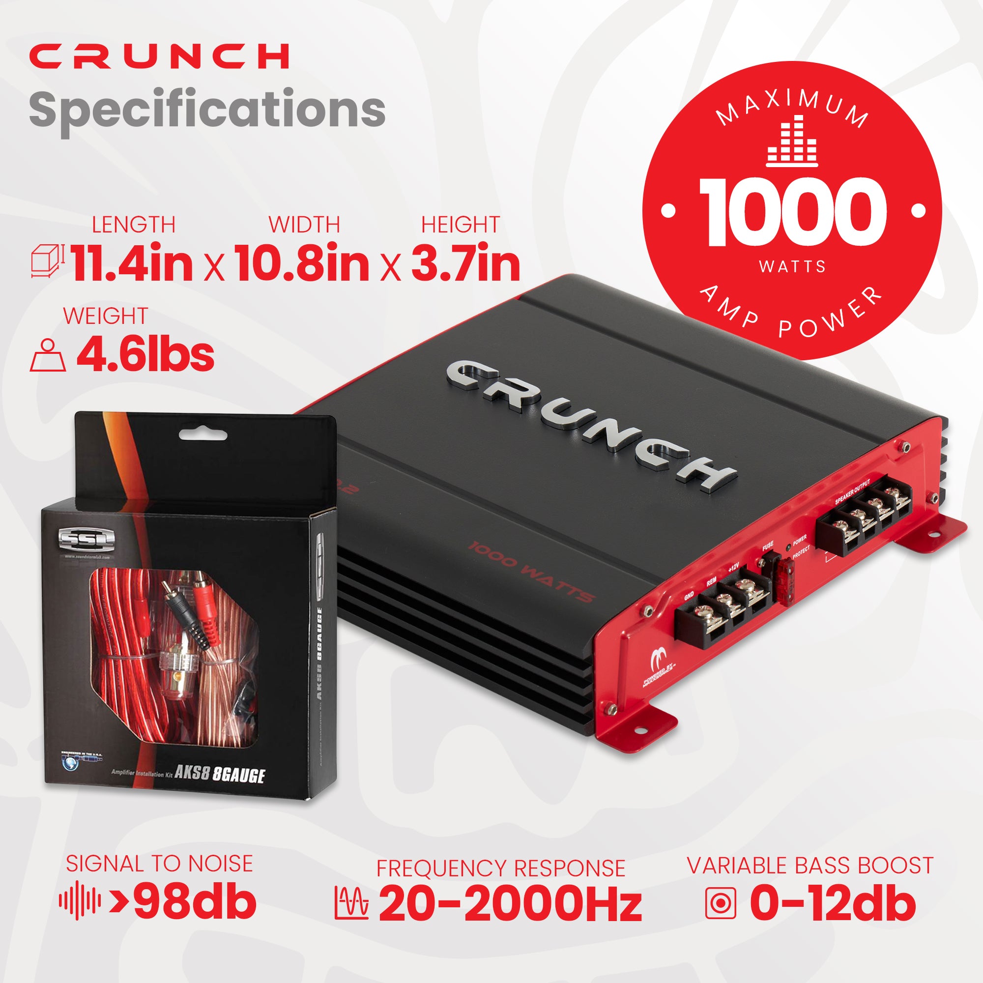Crunch PX-1000.2 1000W Car Stereo Amp & Soundstorm AKS8 8 Gauge Amp Wiring Kit - VMInnovations