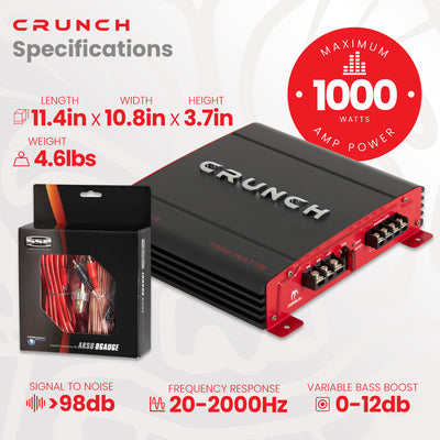 Crunch PX-1000.2 1000W Car Stereo Amp & Soundstorm AKS8 8 Gauge Amp Wiring Kit - VMInnovations