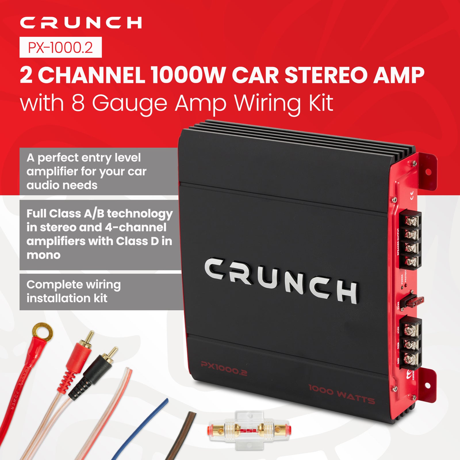 Crunch PX-1000.2 1000W Car Stereo Amp & Soundstorm AKS8 8 Gauge Amp Wiring Kit - VMInnovations