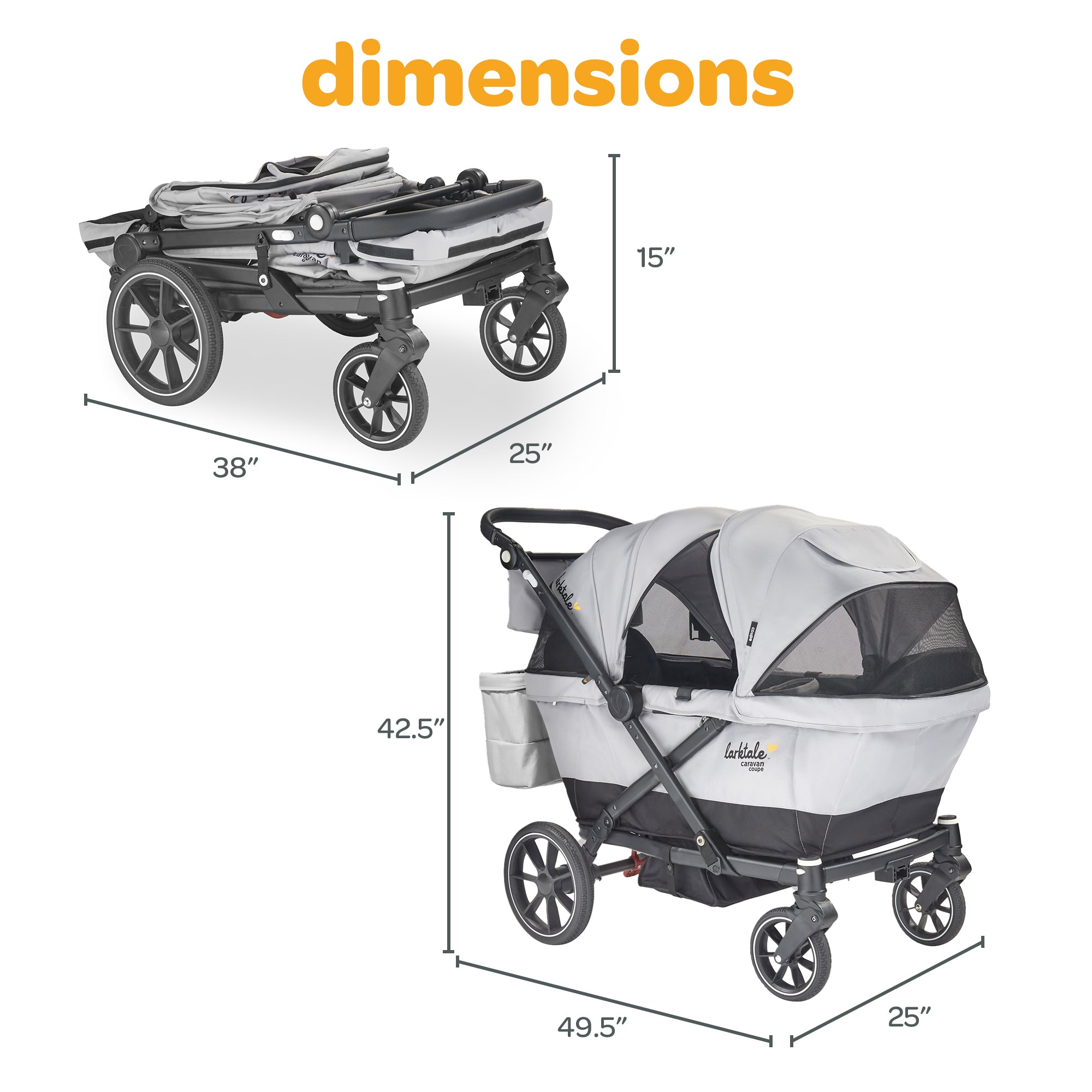 Larktale Coupe V2 Compact Stroller, Reclining 2-Seat Wagon, Gray/Black(Open Box) - VMInnovations