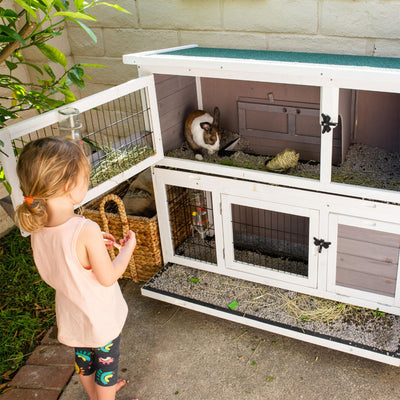 Indoor Outdoor Pet Bunny Hutch House Cage for Rabbits and Guinea Pigs, White (Refurbished)