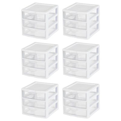 Sterilite ClearView Plastic Small 3 Drawer Desktop Storage Unit, White, 6 Pack