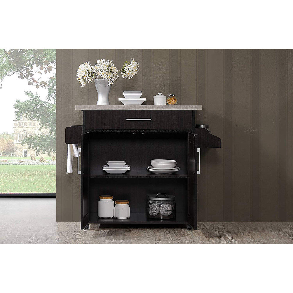 Hodedah Wheeled Kitchen Island with Spice Rack and Towel Holder, Chocolate/Gray