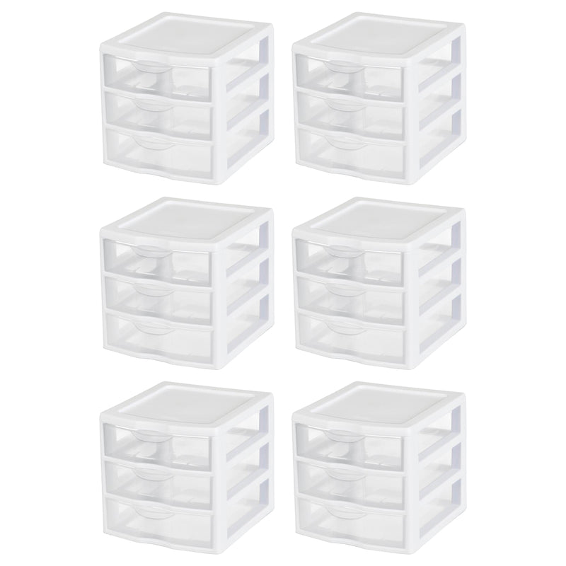Sterilite ClearView Plastic Small 3 Drawer Desktop Storage Unit, White, 6 Pack