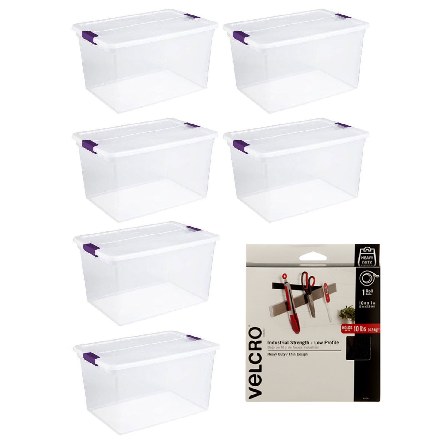 Sterilite 66 Quart Storage Tote (6 Pack) with VELCRO Brand 10 Foot Tape Roll