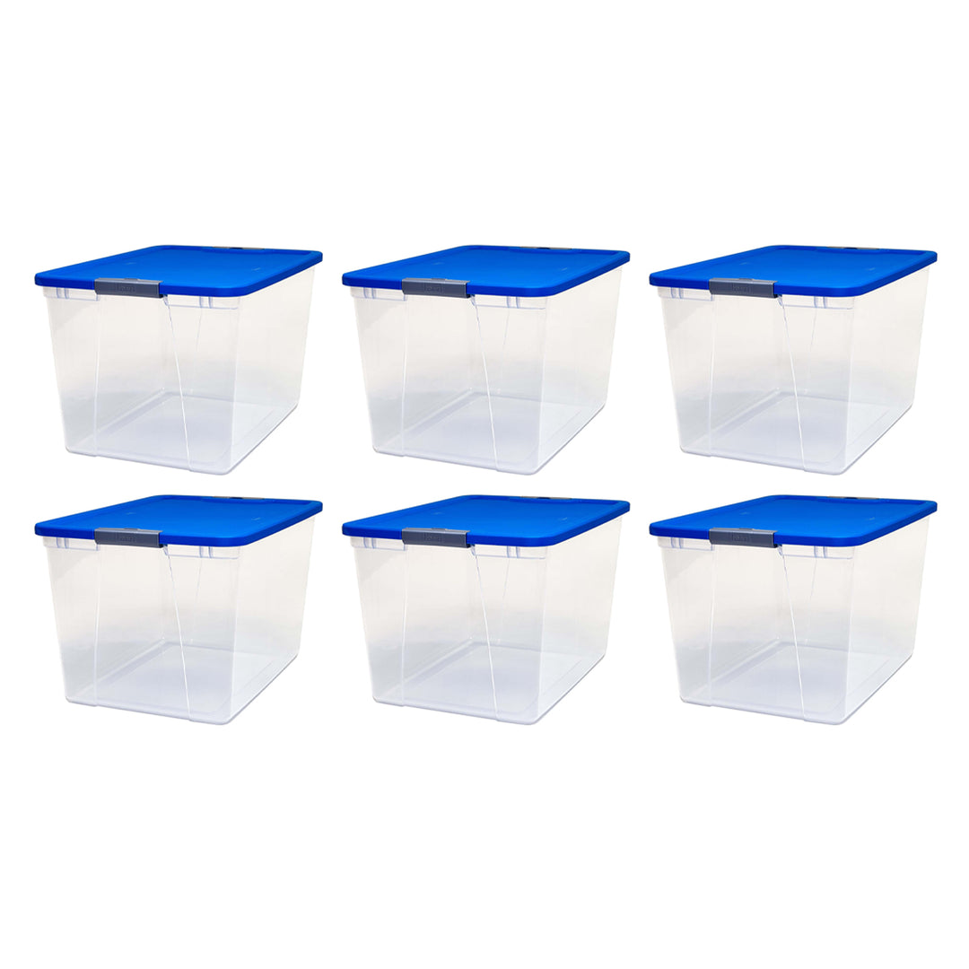 Homz 64 Qt Secure Latch Large Storage Container Bin w/ Blue Lid, Clear (6 Pack)