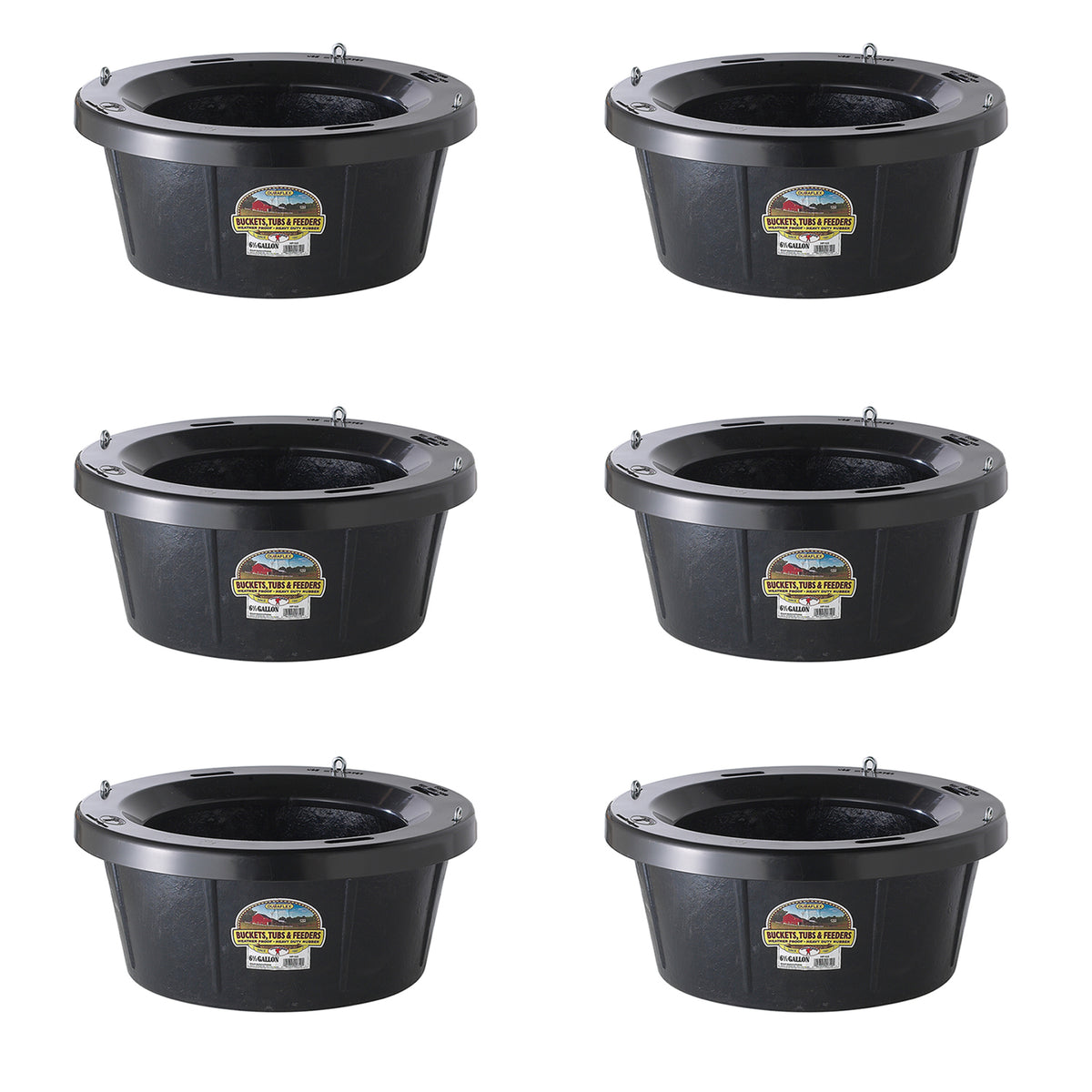 Little Giant Rubber Tub with Metal Hanging Hooks 6.5 Gallon, Black (6 Pack)