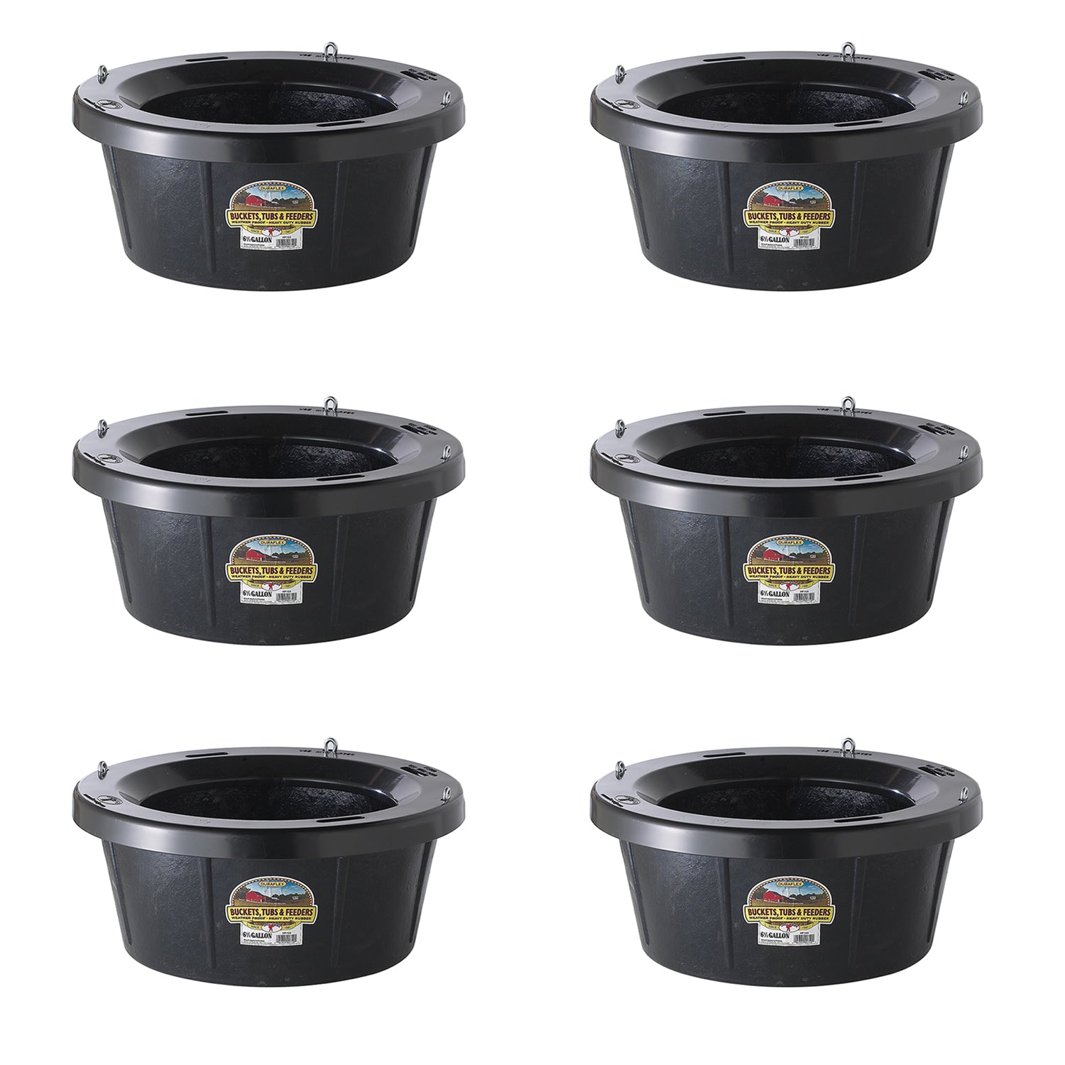 Little Giant Rubber Tub with Metal Hanging Hooks 6.5 Gallon, Black (6 Pack)