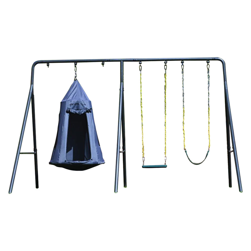 gobaplay Discovery Kids Swing Set, Outdoor Frame w/ Tent Saucer and 2 Swings