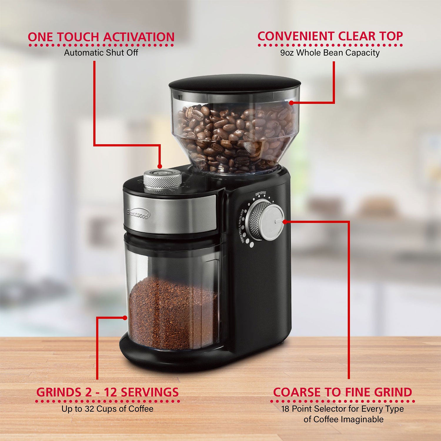 Brentwood 9oz Burr Coffee Bean Blender Grinder Mill Machine, Black (Open Box) - VMInnovations