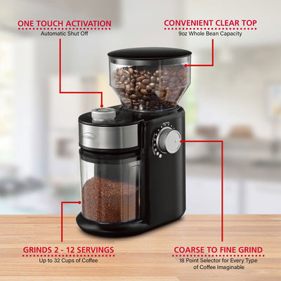 Brentwood 9 Ounce Automatic Burr Coffee Bean Blender Grinder Mill Machine, Black