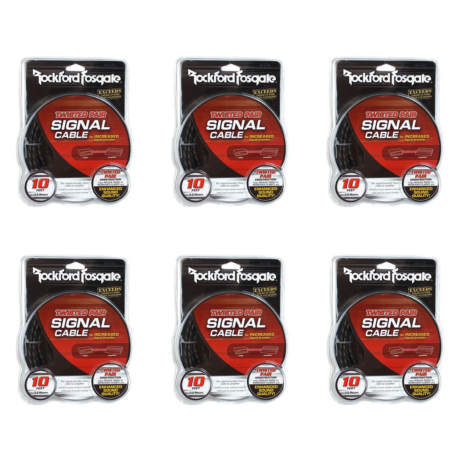 Rockford Fosgate RFI-10 10 Feet Twisted RCA Car Audio Signal Cable (6 Pack)