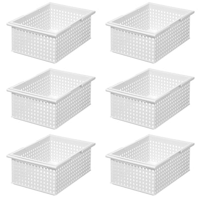 Like-It Stacking Plastic Storage Organizer Basket Tote, White (6 Pack)