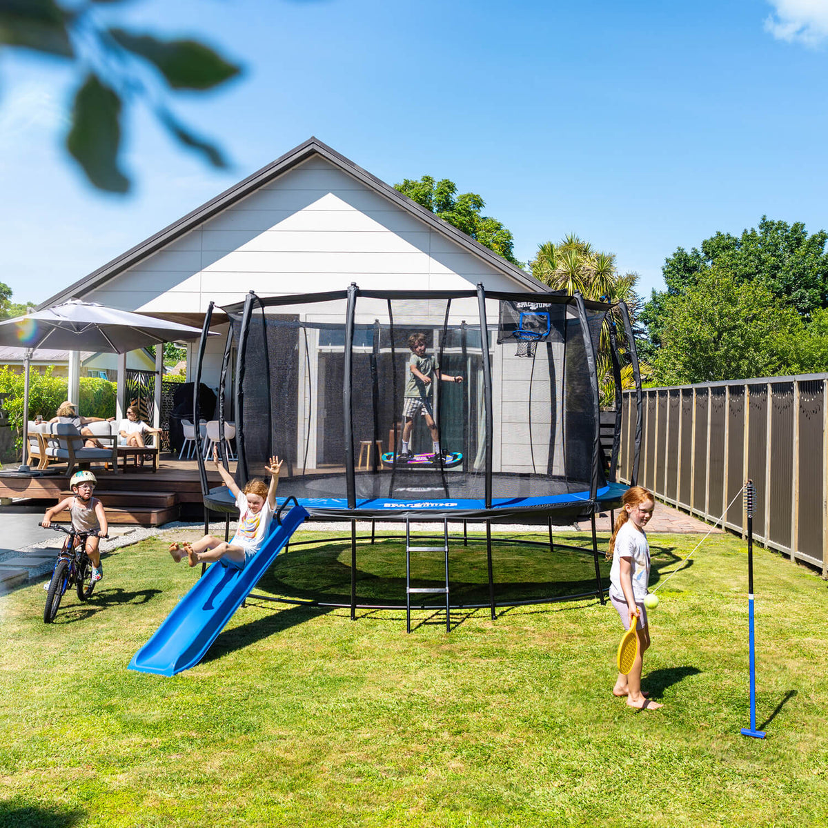 SpaceJump Astro 14 Ft Trampoline, Round Outdoor Bounce Pad w/ Safety Net, Black