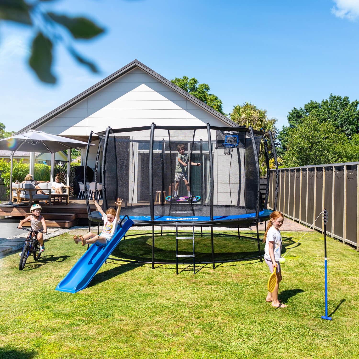 SpaceJump Astro 15 Ft Trampoline, Round Outdoor Bounce Pad w/ Safety Net, Black - VMInnovations
