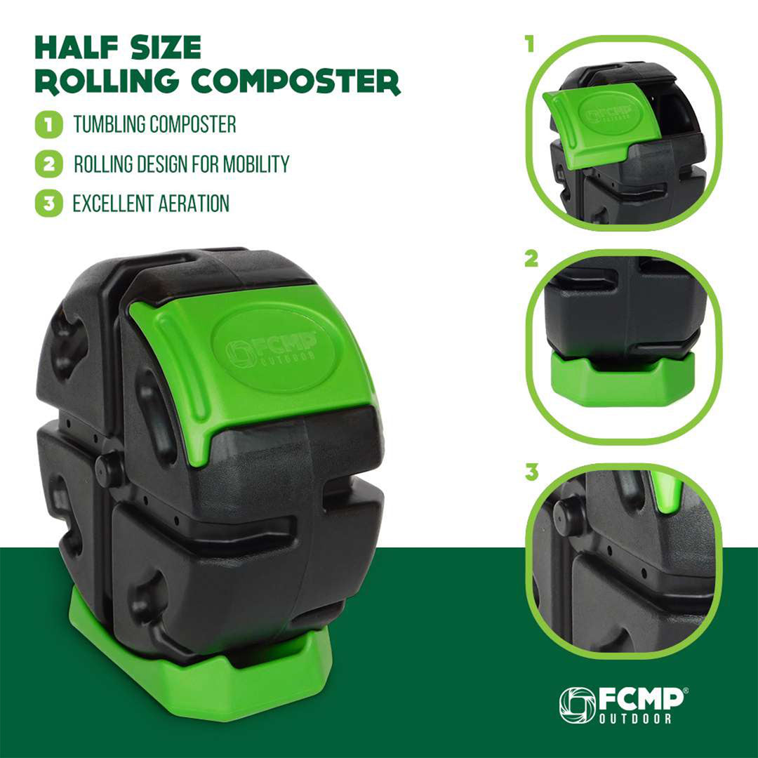FCMP Outdoor Half Size 19 Gallon Rolling Composter Tumbler Bin, Green (Open Box) - VMInnovations