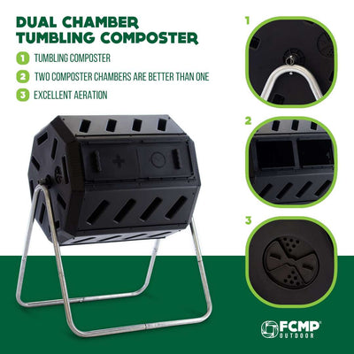 FCMP Outdoor 37 Gallon Elevated Dual Chamber Tumbling Garden Composter Bin,Black