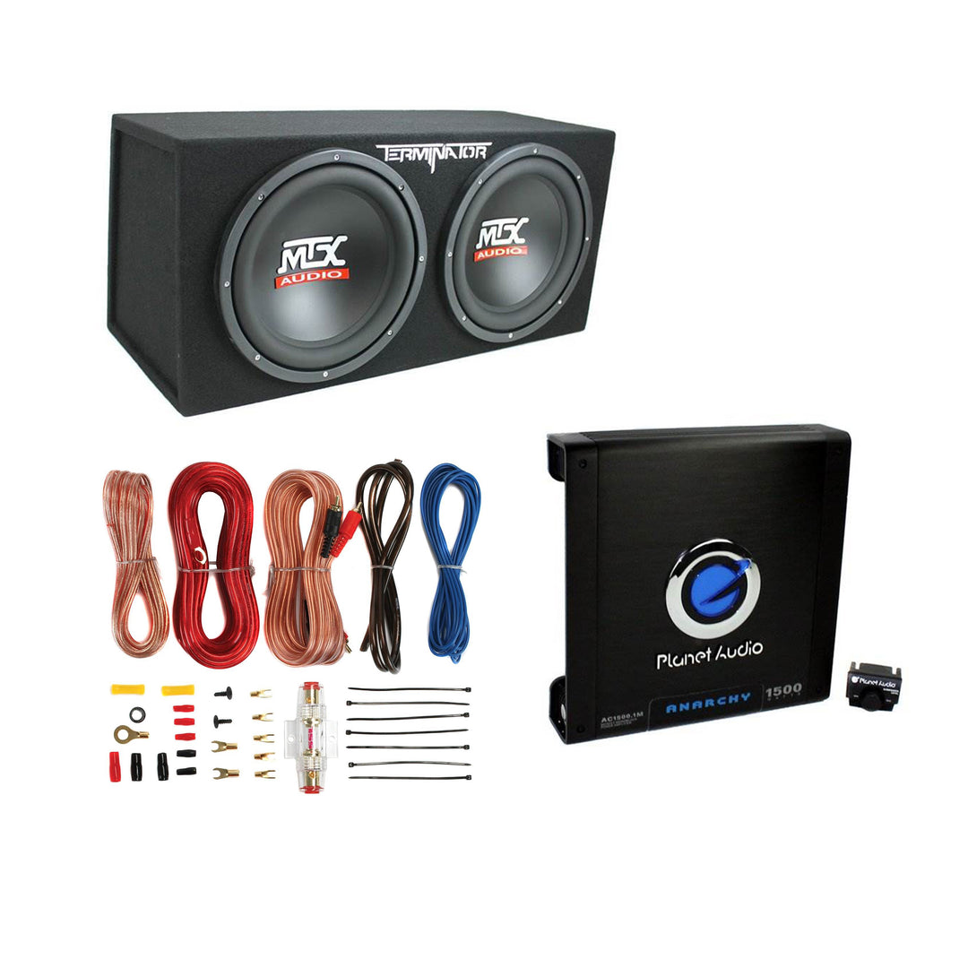 MTX 12" Dual Subwoofer Enclosure, Planet Audio Amplifier, 2 Soundstorm Wire Kits