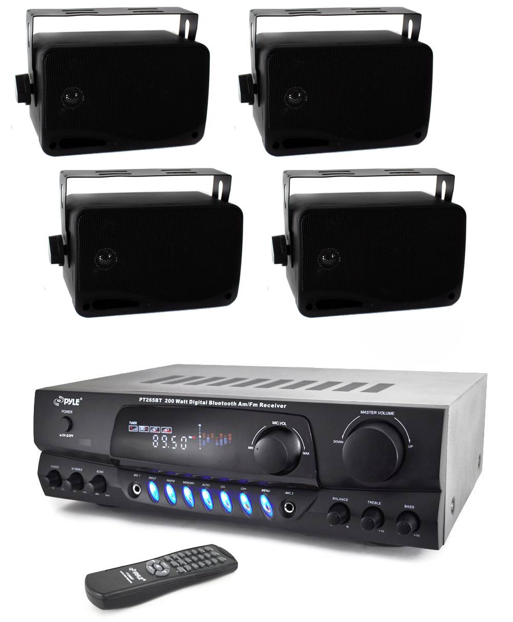 Pyle PT265BT 200 Watt Bluetooth Stereo Receiver + 4) PLMR24B Outdoor Speakers