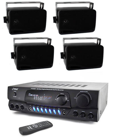 Pyle PT265BT 200 Watt Bluetooth Stereo Receiver + 4) PLMR24B Outdoor Speakers