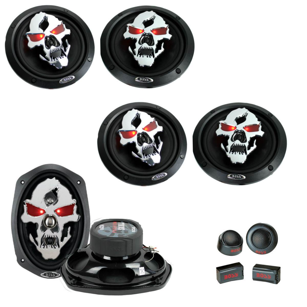 4) BOSS 6.5” 600W Speakers + 2) 6x9" 700W Speakers + 1" 250W Micro Dome Tweeters
