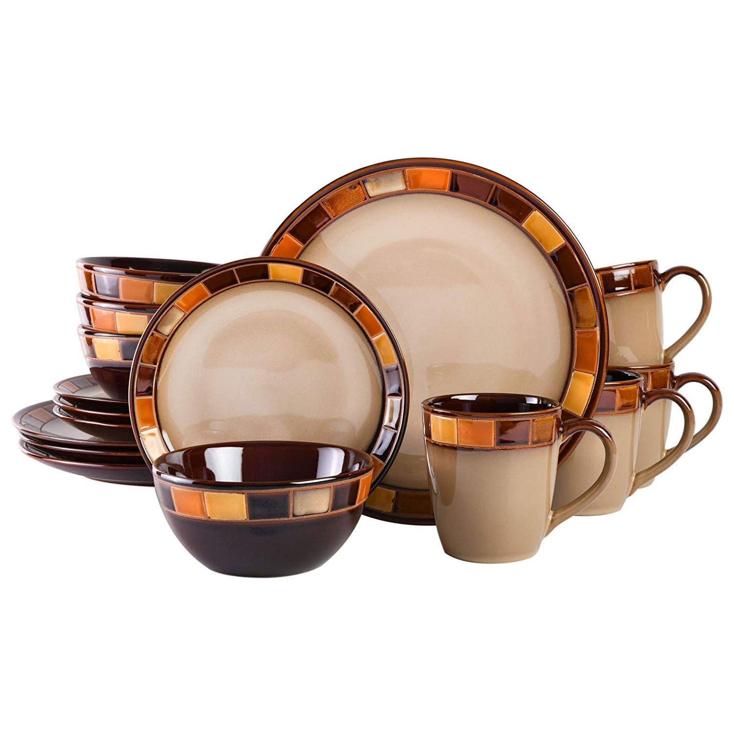 Gibson Elite Casa Estebana 16 Piece Plates, Bowls, & Mugs Dinnerware Set, Brown