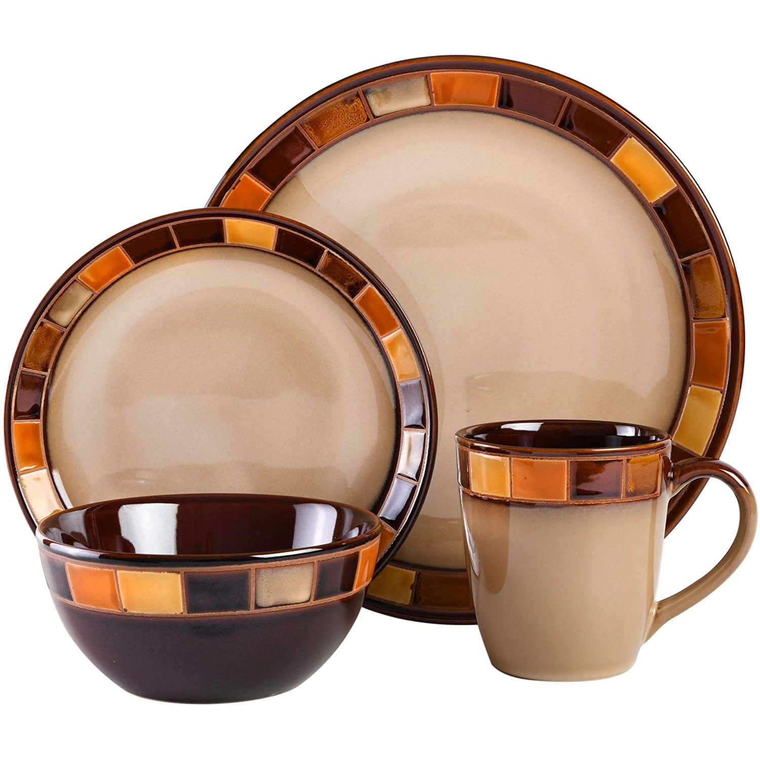 Gibson Elite Casa Estebana 16 Piece Plates, Bowls, & Mugs Dinnerware Set, Brown