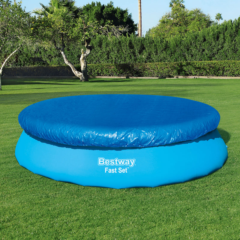 Bestway Flowclear Fast Set 12 Ft Round PVC Pool Cover with Ropes, Blue (2 Pack)