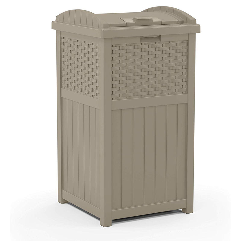 Suncast Wicker Resin Outdoor Hideaway Trash Can with Latching Lid, Dark Taupe