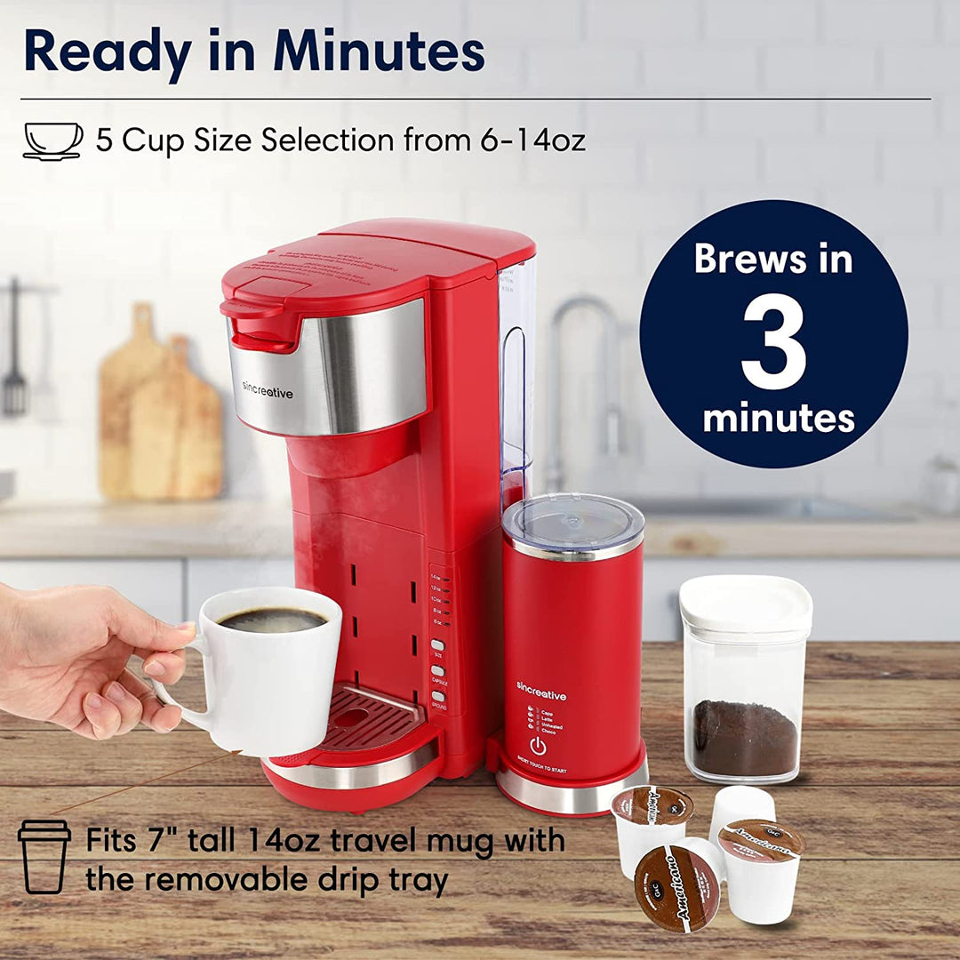 Single Serve Coffee Maker Cappuccino Machine with Milk Frother, Red (Used)