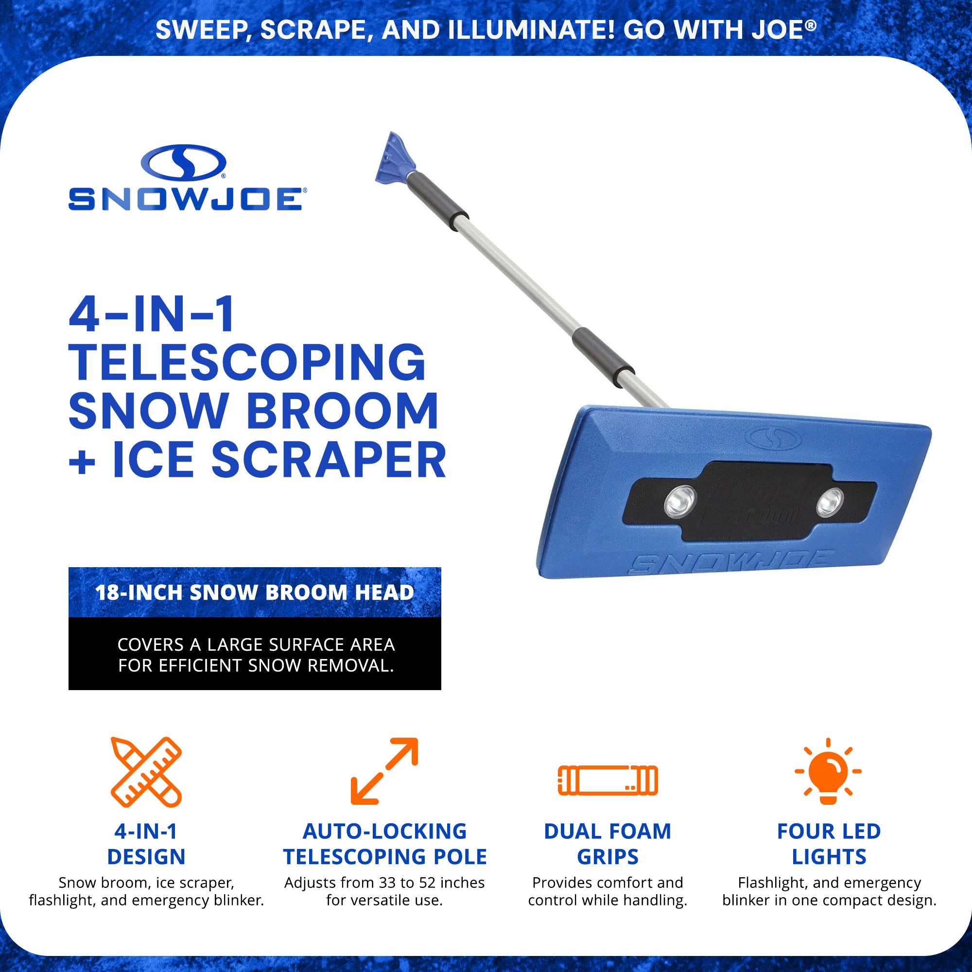 Snow Joe LED Illum n Broom LED Lighted 4 in 1 Snow Broom & Ice Scraper (Used)