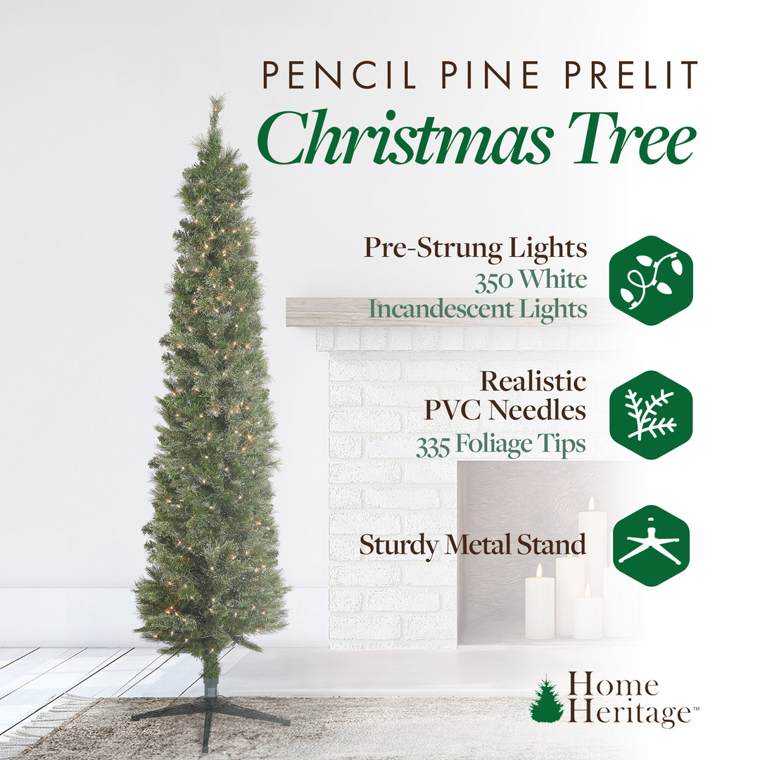 Home Heritage 7' Artificial Pencil Pine Slim Christmas Tree w/ Lights (Open Box)