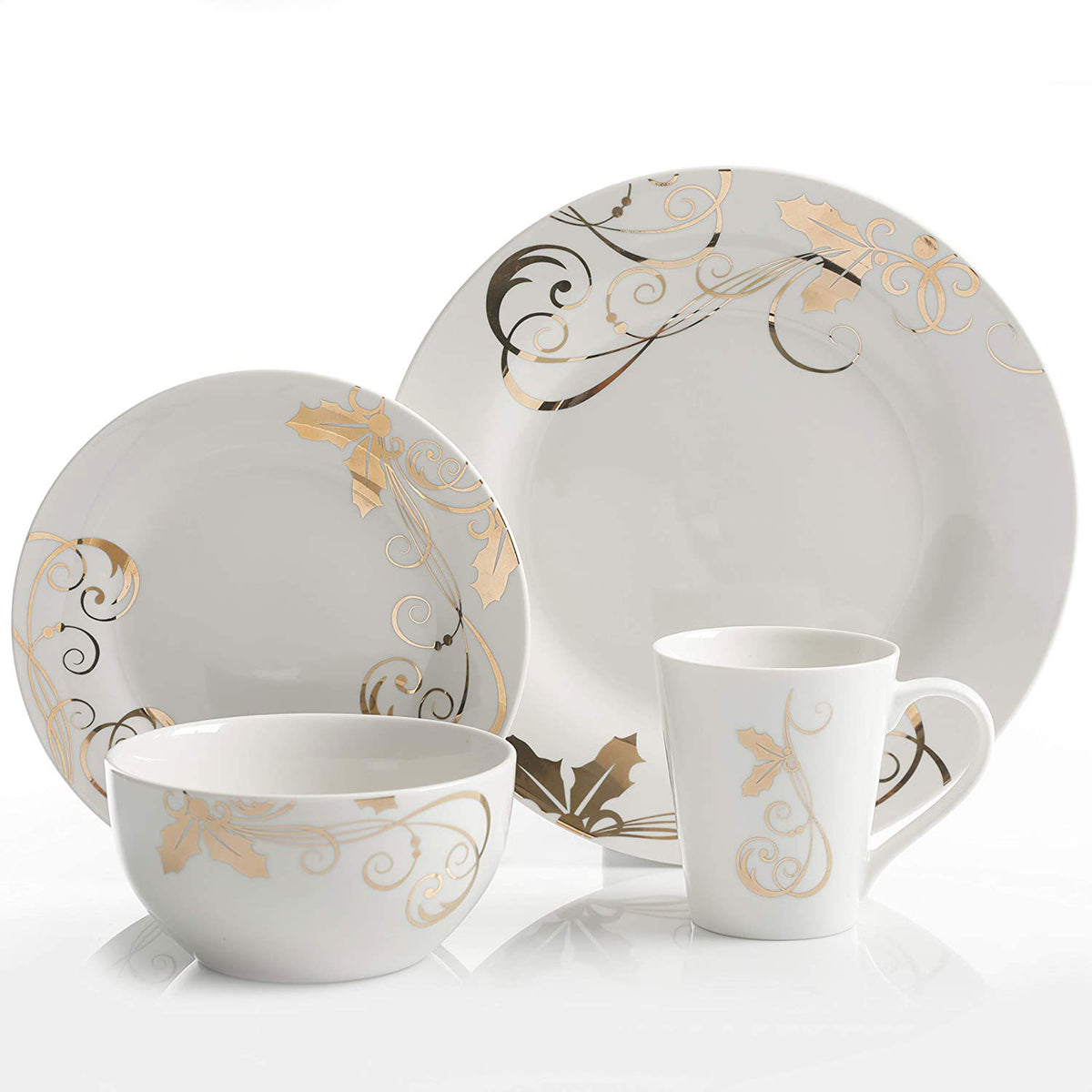 Gibson Porcelain 16 Piece Dinnerware Set Plates, Bowls, & Mugs, Gold (For Parts)