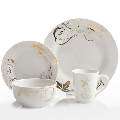 Gibson Porcelain 16 Pc Dinnerware Set Plates, Bowls, & Mugs Seasonal Gold (Used)