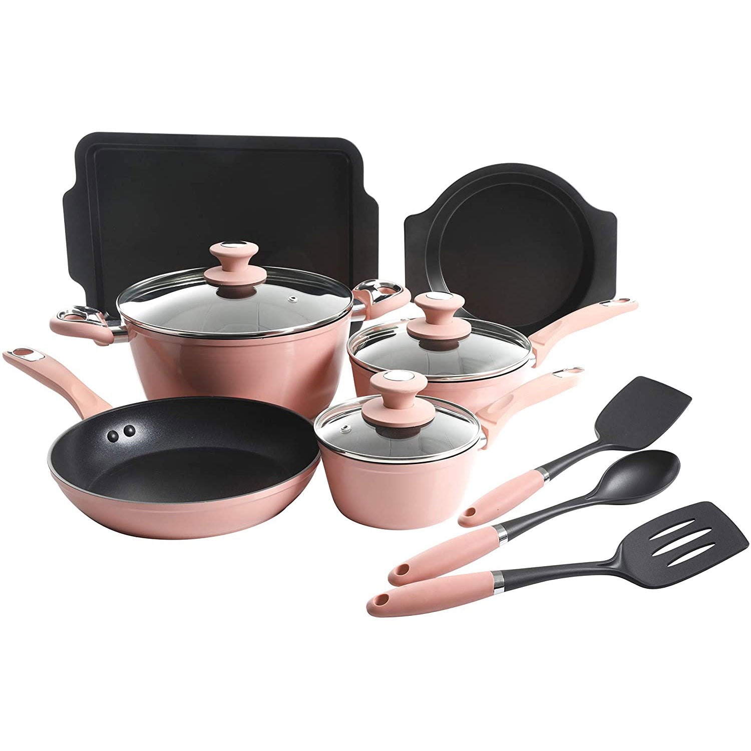 Oster 12 Pc Aluminum Non Stick Pot & Pan Cookware Set, Dusty Rose (Open Box)
