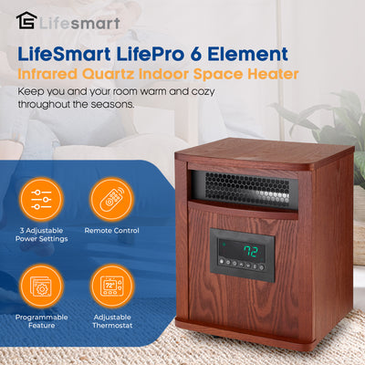 LifeSmart LifePro 6 Element 1500W Infrared Quartz Indoor Space Heater, Brown